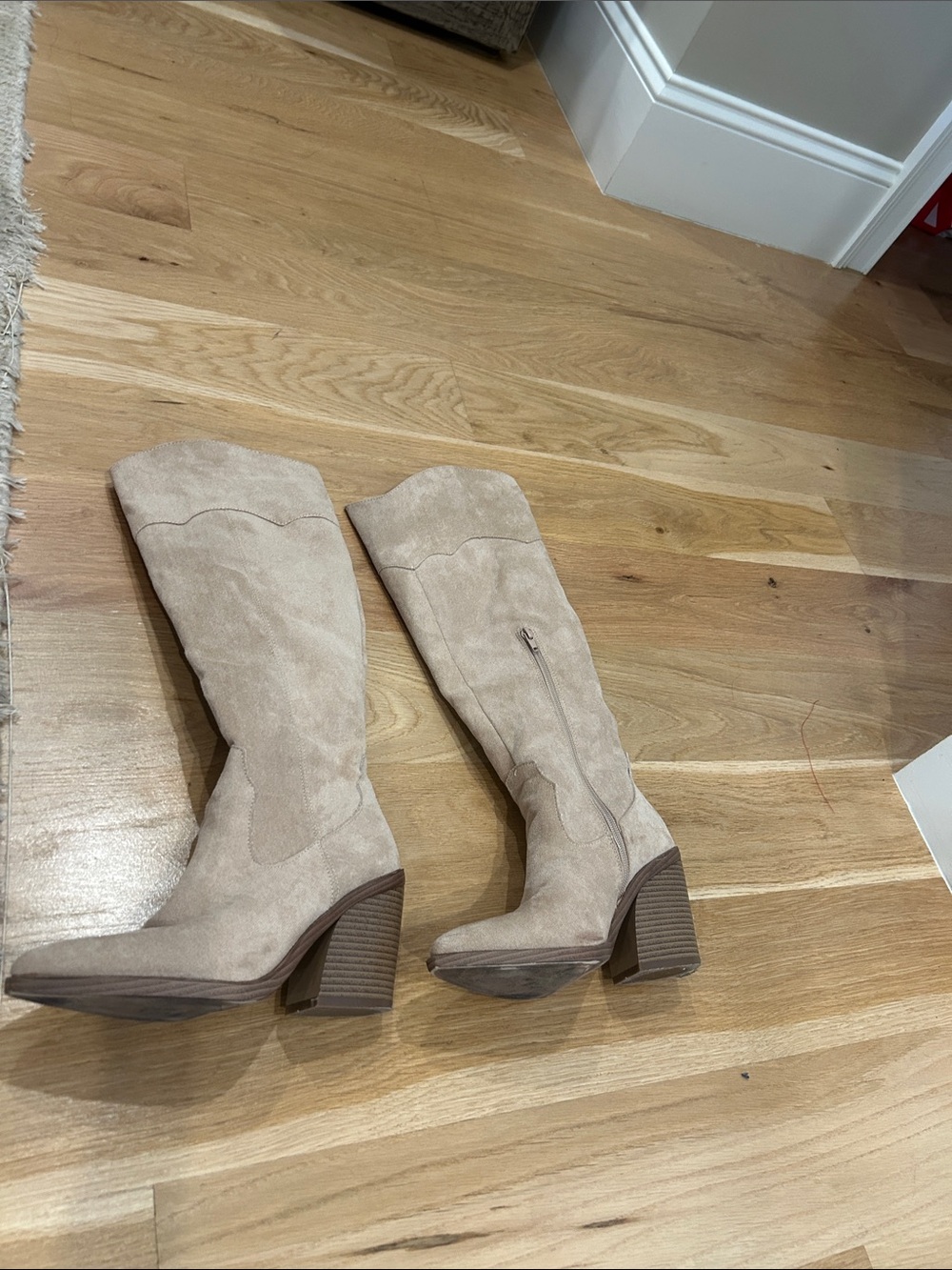Beige Faux Suede Knee-High Cowboy Boots - Women's